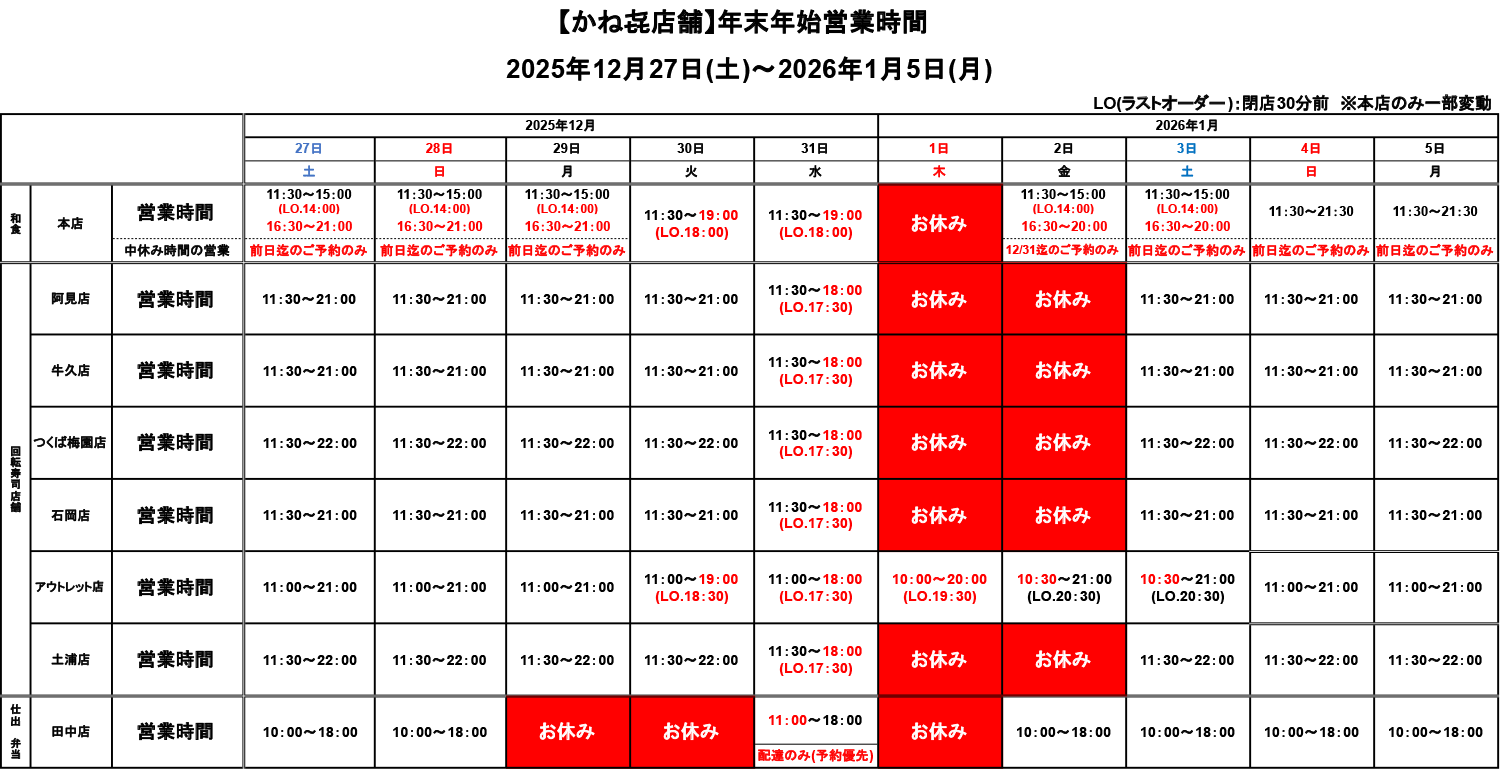 かねき全店舗 2025年末〜2026年始 営業時間のご案内